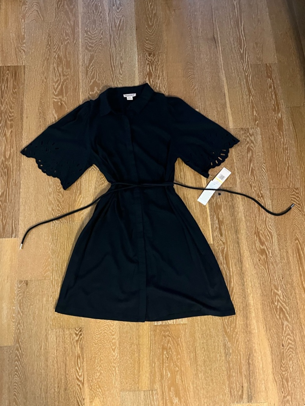 Nanette Lepore Dark Blue Eyelet-Sleeve Mini Shirt Dress with Belt - Picture 3 of 10